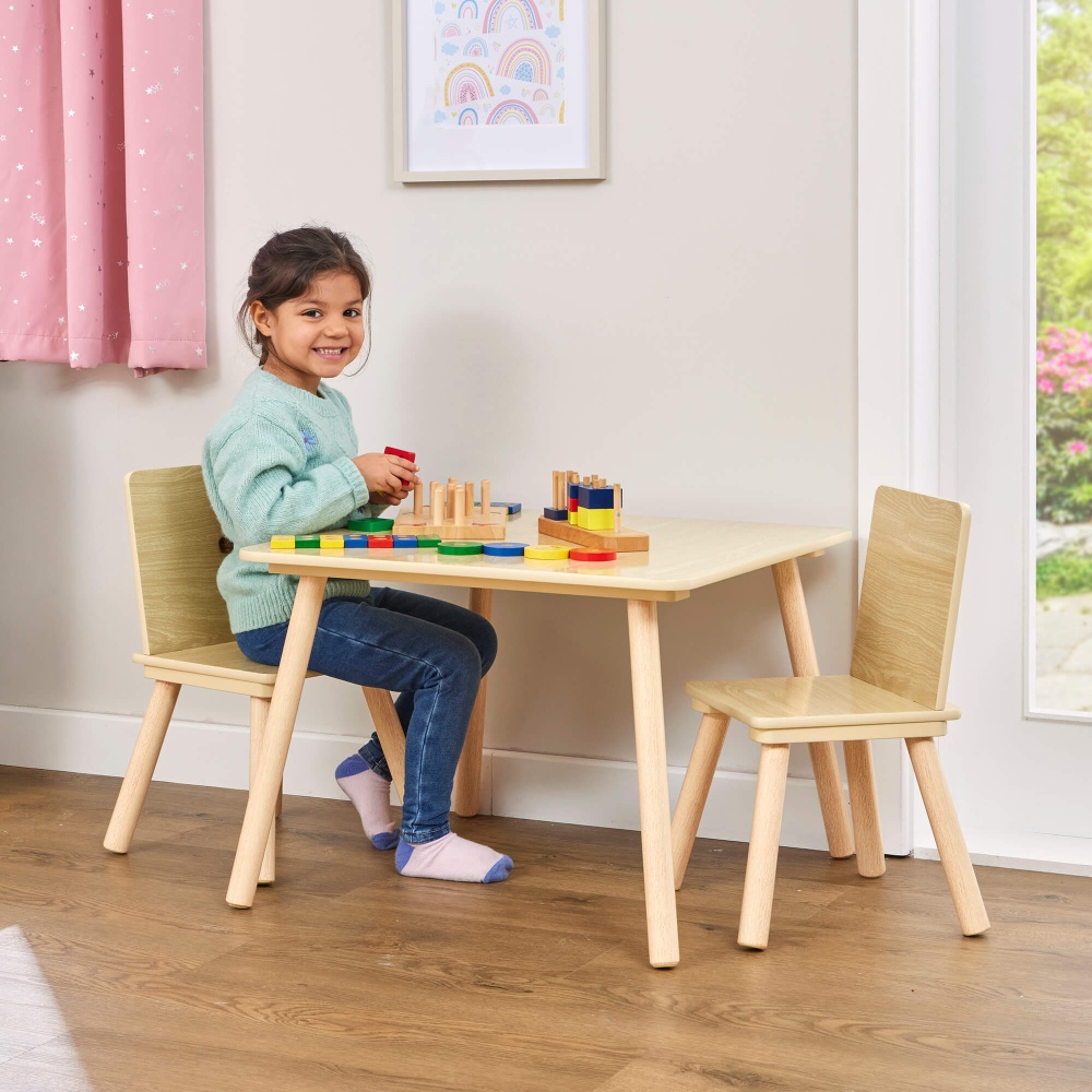 Kids Natural Wood Table and Two Chairs Set