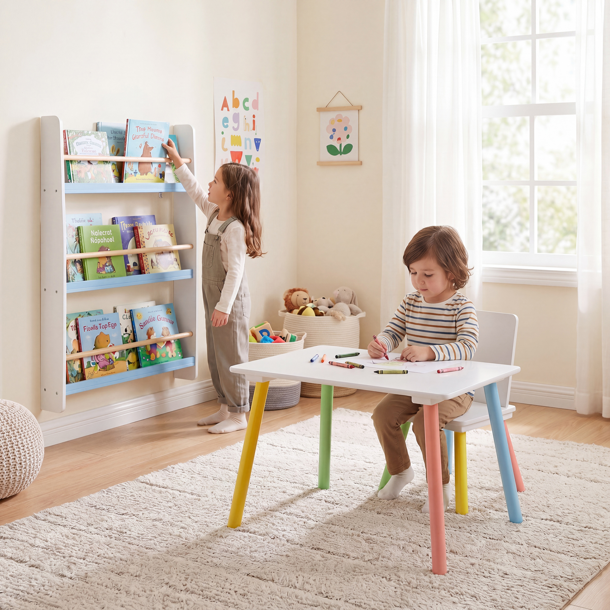 Rainbow Table and Chair & Bookshelf Set - White & Blue