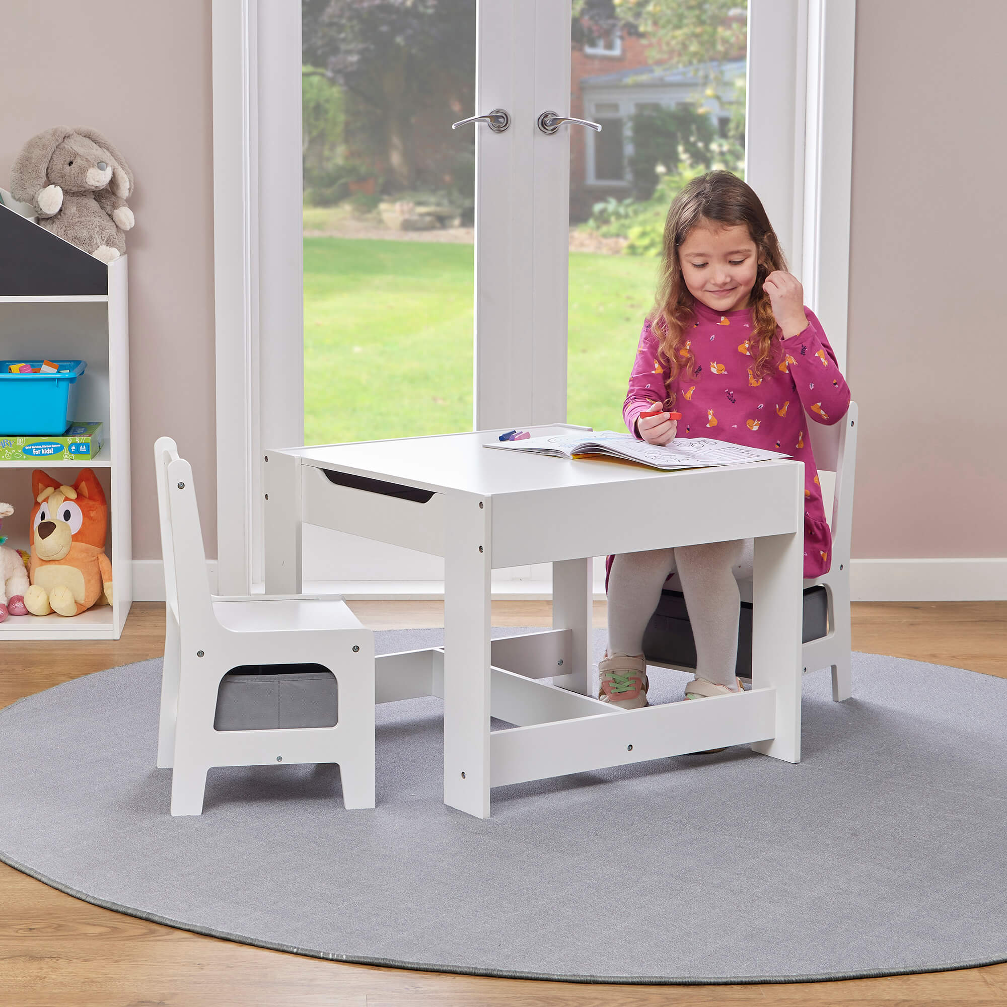 Kids Wooden Activity Table and Two Chairs with Grey Storage Bins