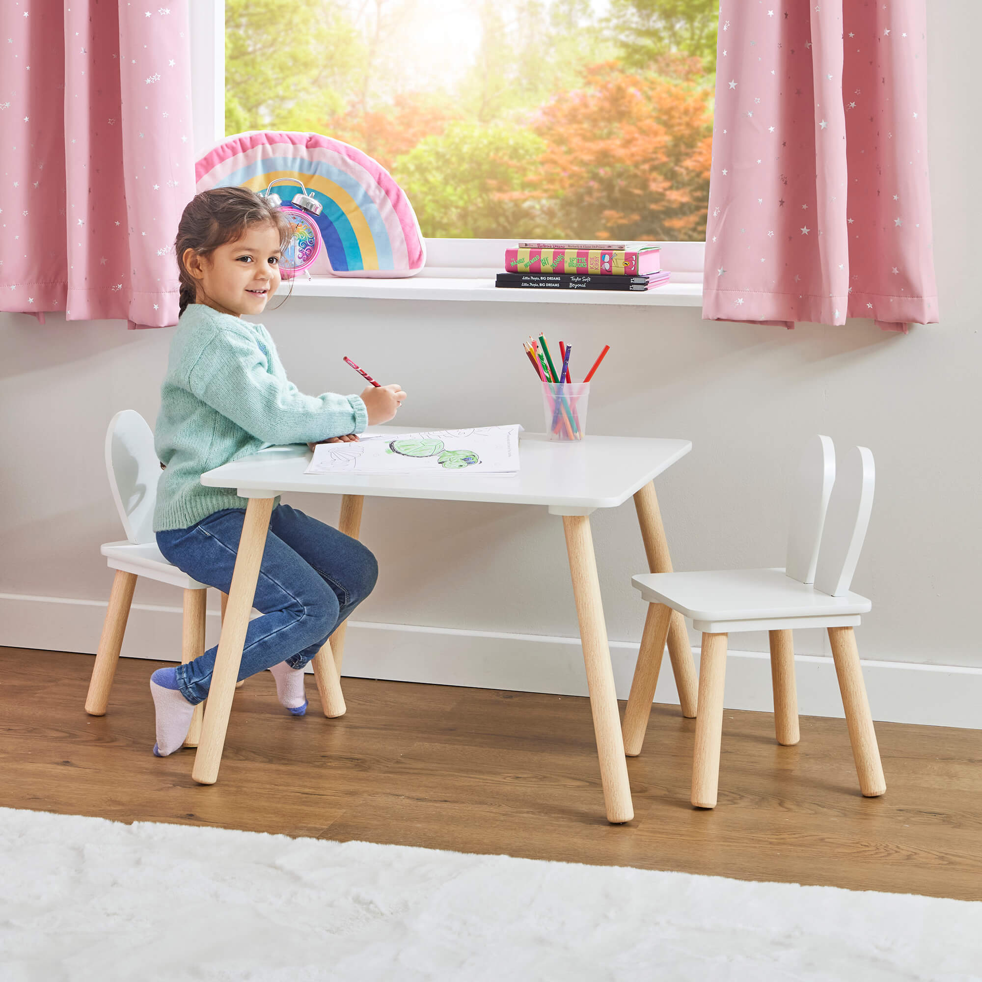 Kids Bunny Wooden Table Two Chairs